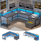 Tuffdesk 66" L-Shaped Office Desk with File Drawer and LED Lights